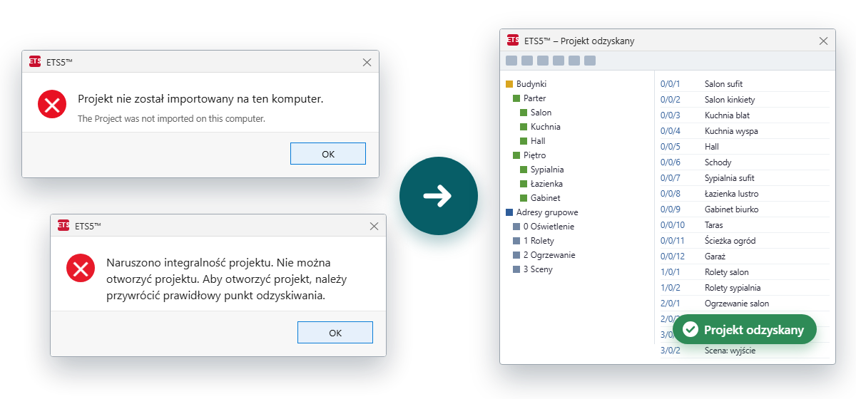 Komunikaty ETS i odzyskany projekt